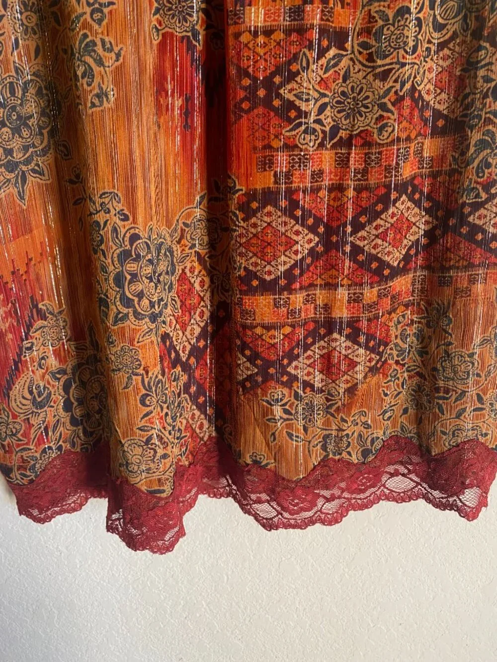 100% Silk Bohemian Paisley Lace-Trim Midi Gypsy Ethereal Dress Robbie Bee - Picture 7 of 11